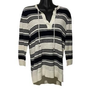 Ann Taylor Loft Womens Size Small Blue Cream Striped High Low Sweater 3/4 Sleeve
